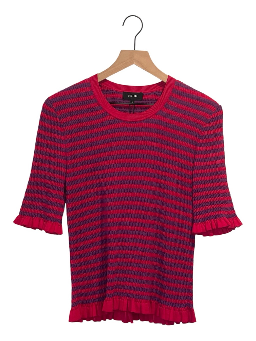 ME+EM Fuchsia and Purple Striped Short Sleeve Knit Top, Ruffle Details, NWOT, M